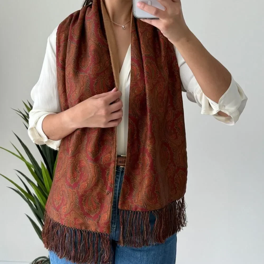 Brooks Brothers Cashmere & Silk Paisley Scarf Scotland Reversible Unisex Brown
